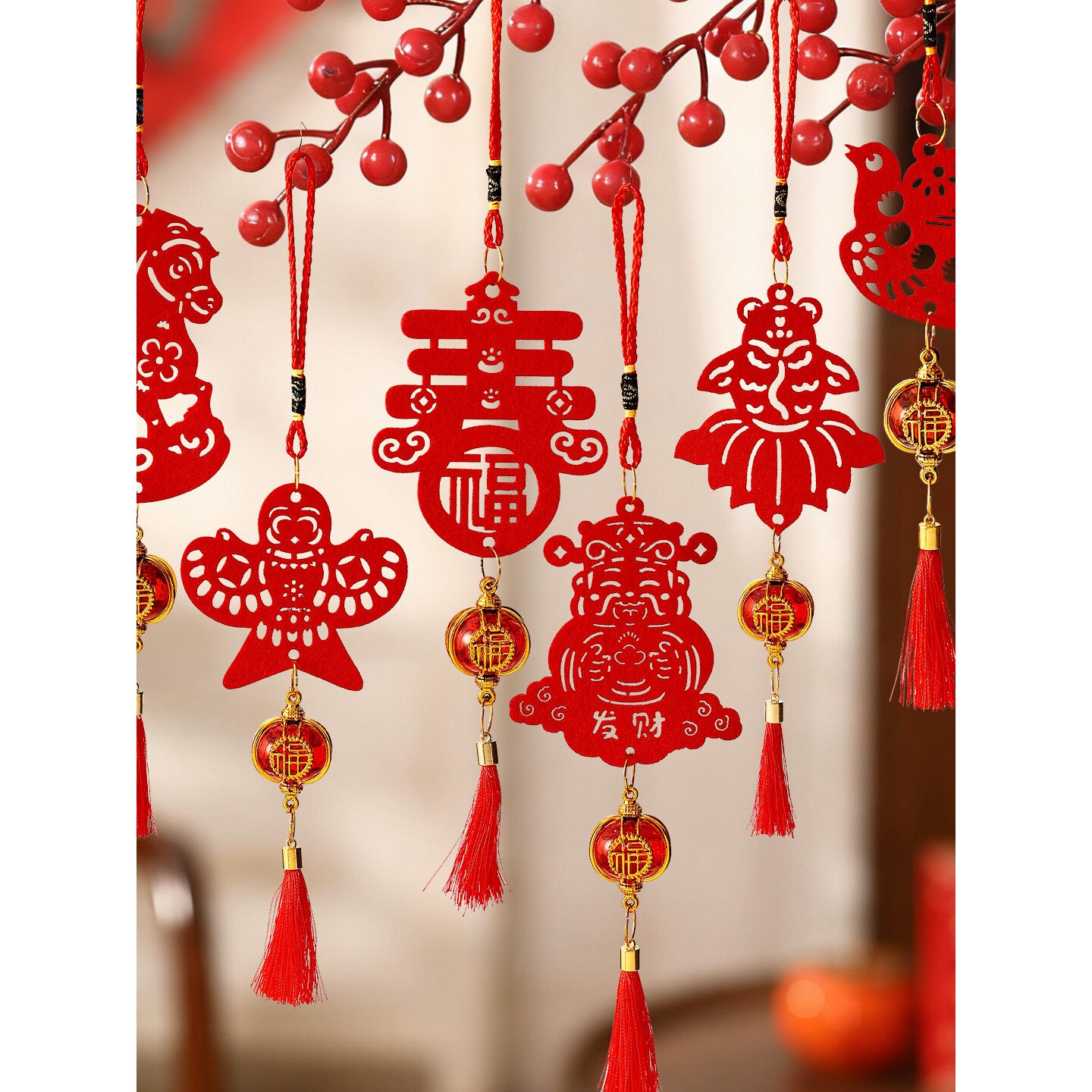 2026新年桃花树银柳挂饰树枝树干装饰挂件门店布置马年喜庆小灯笼