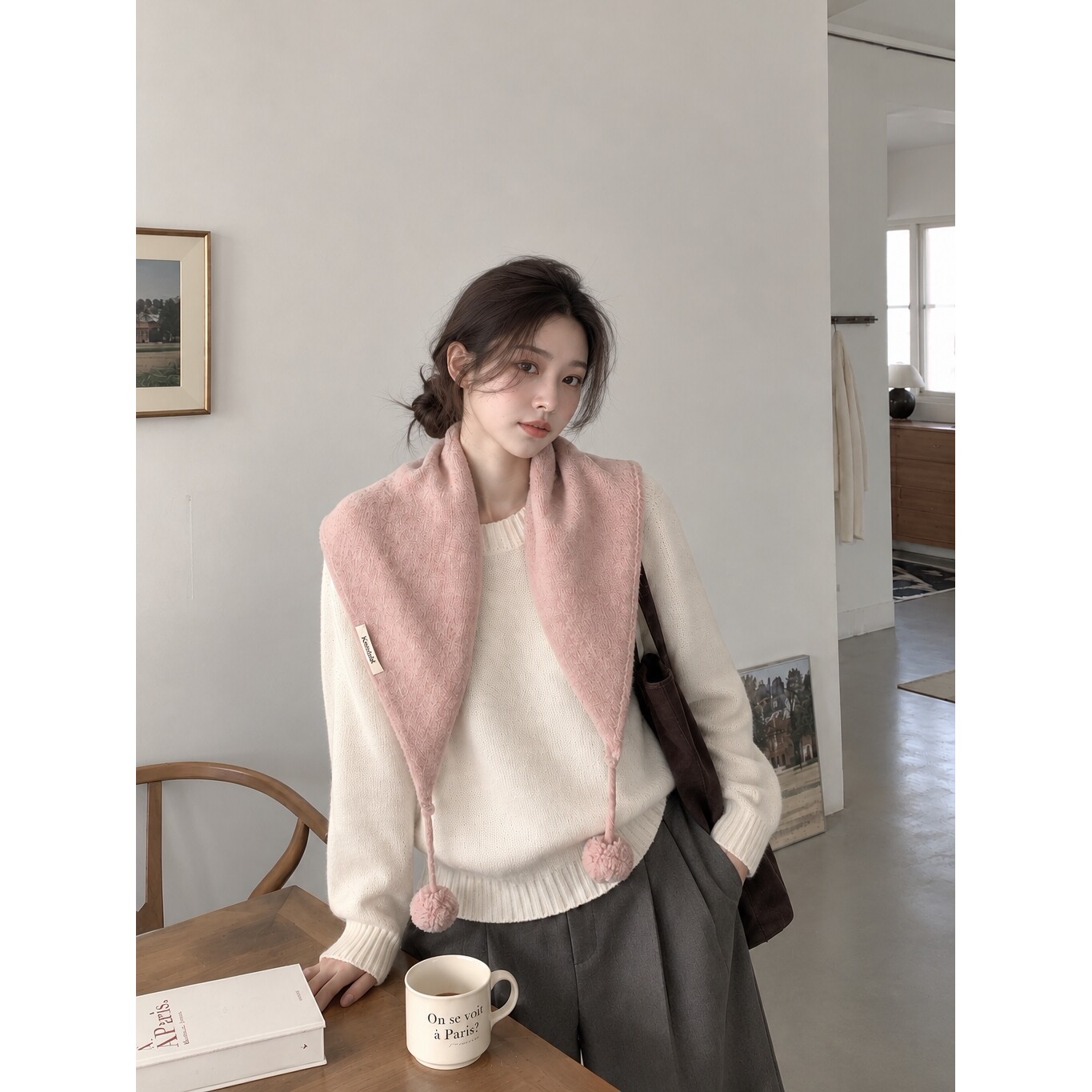 韩系粉色三角巾围巾披肩女外搭秋冬季氛围感叠穿保暖坎肩护肩围脖