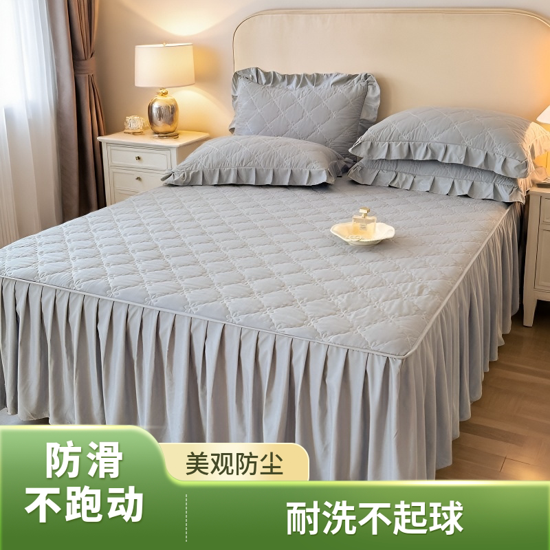 纯色夹棉床裙单件防滑固定1.5m1.8m四季通用家用床围床罩遮丑下摆