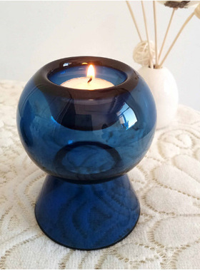 蓝色玻璃烛台插花水养花瓶摆件简约现代餐桌装饰香薰蜡烛台座