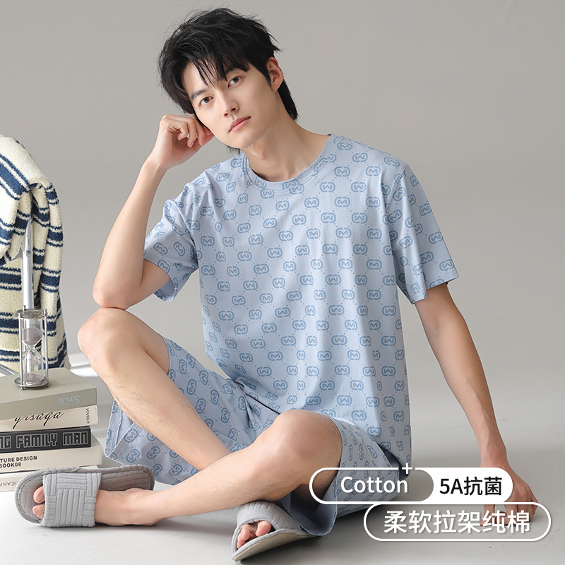 男士睡衣夏季纯棉短袖短裤夏天薄款休闲大码家居服男款高级感套装