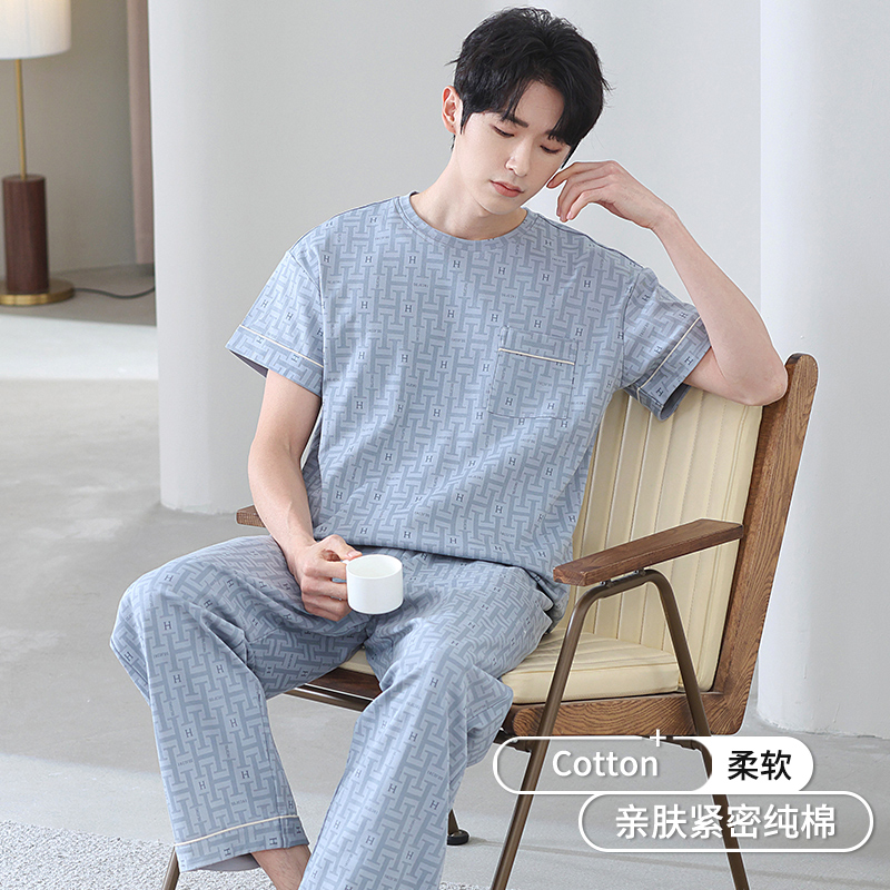 睡衣男款夏季纯棉圆领短袖长裤家居服薄款夏天空调房大码高级套装