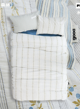 gohm{草莓森林}100全棉提花色织水洗棉小清新蓝美好商店四件套