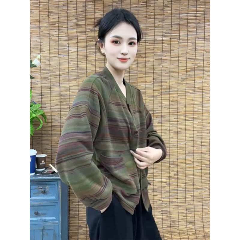 2026春秋季新款时尚休闲条纹印花开衫上衣宽松长袖棒球领外套女潮