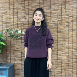 款 2024秋冬季 半高领印花双面绒卫衣保暖宽松遮肉显瘦减龄圆领上衣