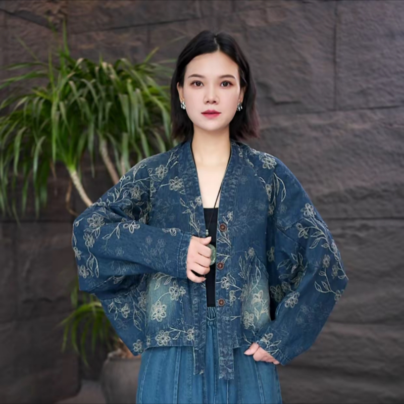 长袖提花牛仔外套宽松短款百搭图片