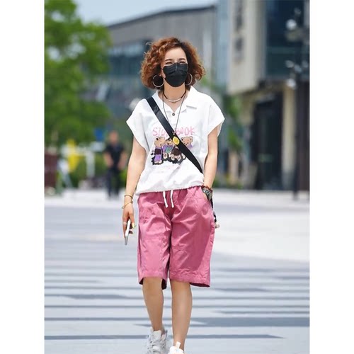 印花短袖T恤+水洗棉短裤潮