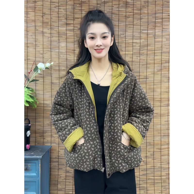 减龄宽松小碎花灯芯绒棉服