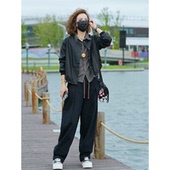 休闲洋气三件套装 哈伦裤 女秋新款 条纹衬衣 宽松百搭皮衣外套 时尚