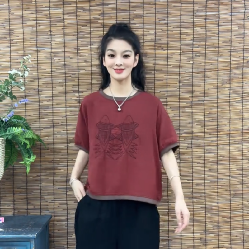 2026夏季复古炒色麻棉刺绣短袖女拼色圆领套头衫休闲宽松T恤上衣