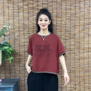 2025夏季 休闲宽松T恤上衣 复古炒色麻棉刺绣短袖 女拼色圆领套头衫