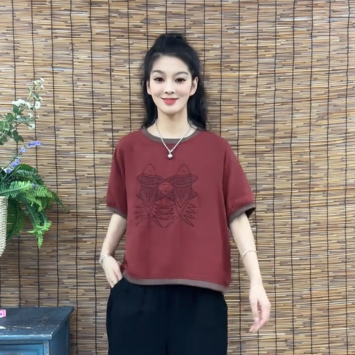 炒色麻棉刺绣短袖女拼色