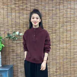 2024冬季 時尚 加絨加厚保暖澳粒絨衛衣女套頭單排扣女士打底衫 新款