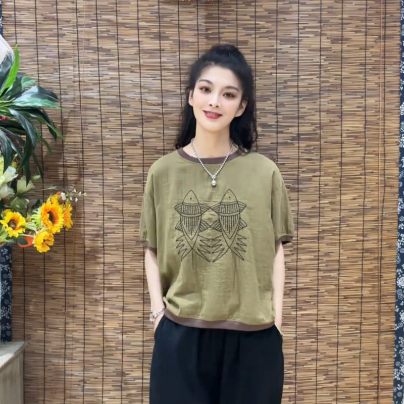 2026新款棉T恤短袖复古绣花夏季洋气炒色做旧百搭宽松大码上衣女
