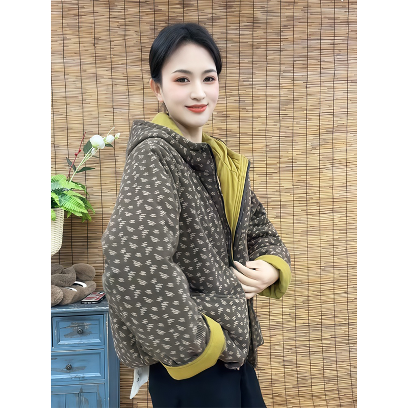 时尚灯芯绒印花加厚棉衣女