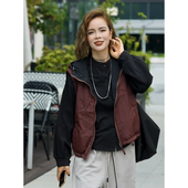 双面穿拼色连帽夹棉马甲外套女2025秋季 宽松抽绳拉链百搭背心 新款