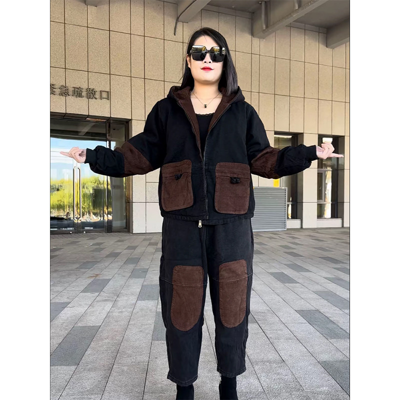 加棉加厚复古连帽牛仔套装女冬季洋气宽松洋气外套休闲裤两件套潮