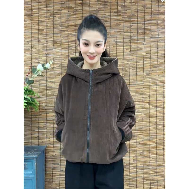 连帽灯芯绒加厚棉服外套女潮