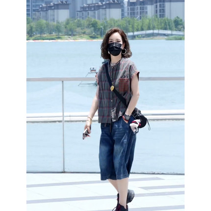 两件套装女2025年夏季格子拼色短袖衬衫+水洗宽松薄款牛仔六分裤