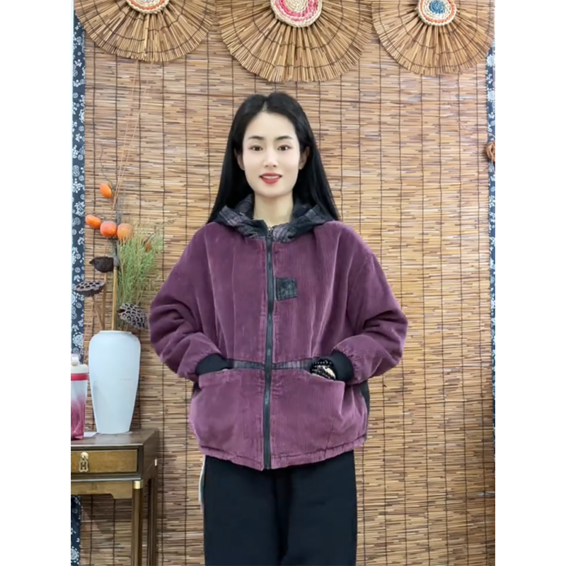灯芯绒加绒加厚连帽棉服女