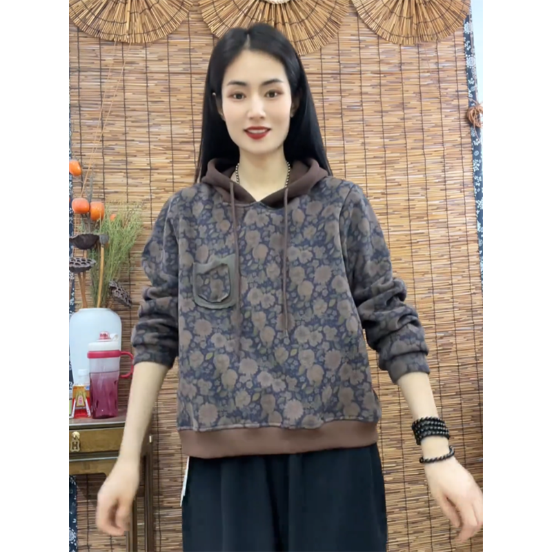 印花连帽加绒加厚卫衣