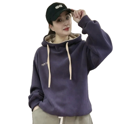 2025冬季新款颗粒绒连帽套头衫简约刺绣加绒加厚女士一体绒卫衣潮