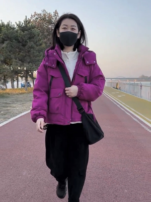 叙尚蓝休闲短款连帽拉链