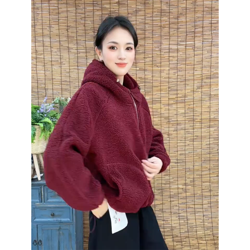 2025年冬新款休闲洋气颗粒绒连帽棉衣女加厚保暖百搭宽松毛绒外套,女装/女士精品,短外套,淘宝优惠券,粉丝福利购,淘宝优惠卷