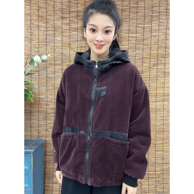 复古灯芯绒加绒加厚连帽棉服女