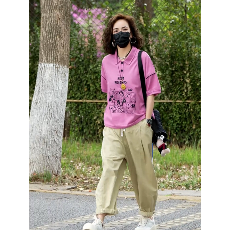 两件套装女2025年夏季新款纯棉Polo印花短袖T恤+水洗棉九分哈伦裤
