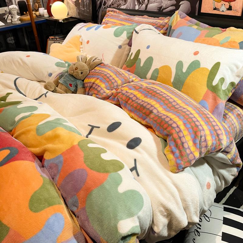 日式进口冬季加厚牛奶绒四件套双面珊瑚绒被套法兰绒儿童床单床笠