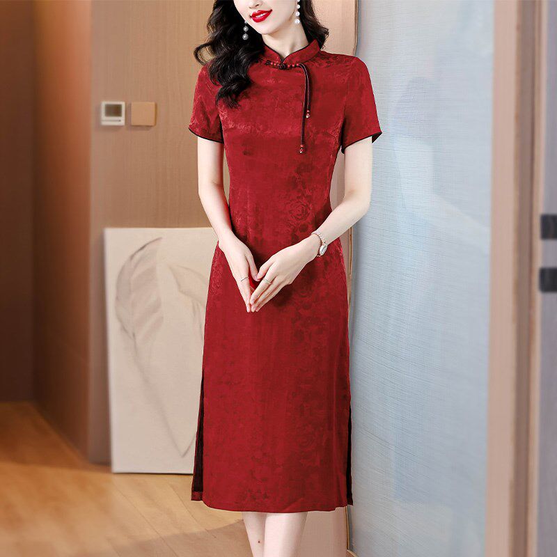 新品花罗香云纱喜婆婆婚宴装连衣裙女新款高M端妈妈礼服改良旗袍