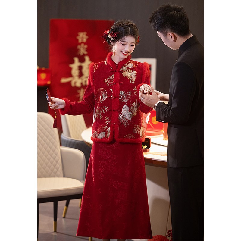 新中式红色旗袍敬酒服新娘马甲套装D加绒厚唐装订婚礼服拜年秋冬