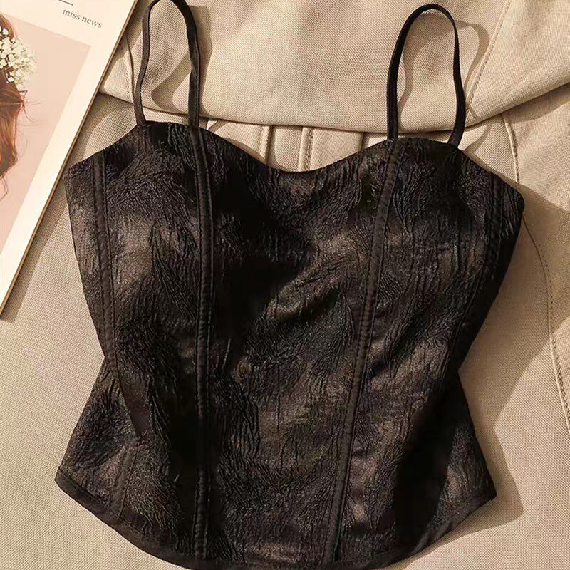 新品白色提花吊带背心女内搭性感显瘦辣妹设计感S短款带胸垫抹胸