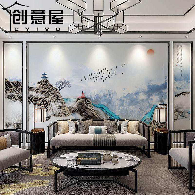 极速现代中式抽象水墨沙发书房客厅影视墙布定制电U视背景墙壁纸