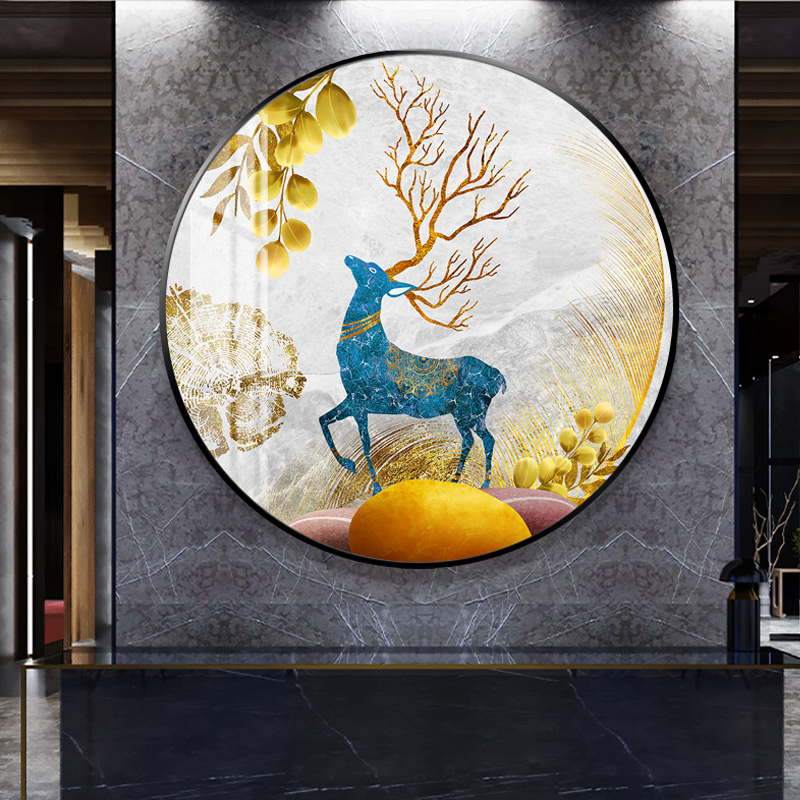 极速镶钻晶瓷画麋鹿装饰餐厅挂画玄关入I户进门圆形新中式客厅寓图片