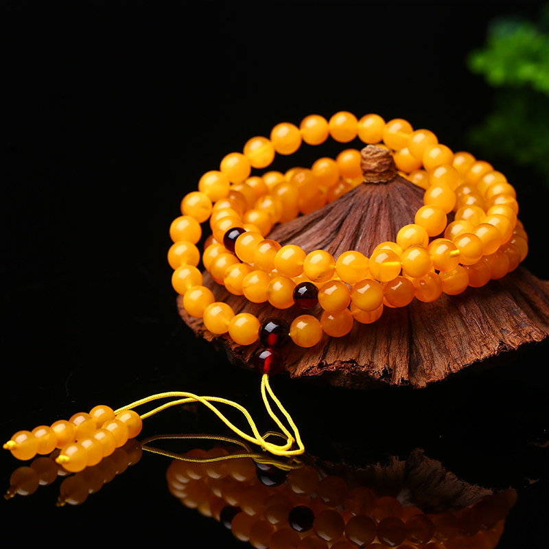 新品天然琥珀蜜蜡老蜡鸡油黄蜜y蜡圆珠手串108颗佛珠手链项链男女