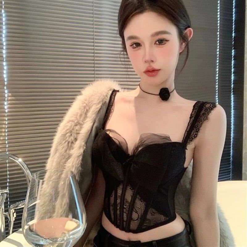 新品网纱蝴蝶结蕾丝吊带背心女春夏纯欲风性感Q上衣修身短款内搭