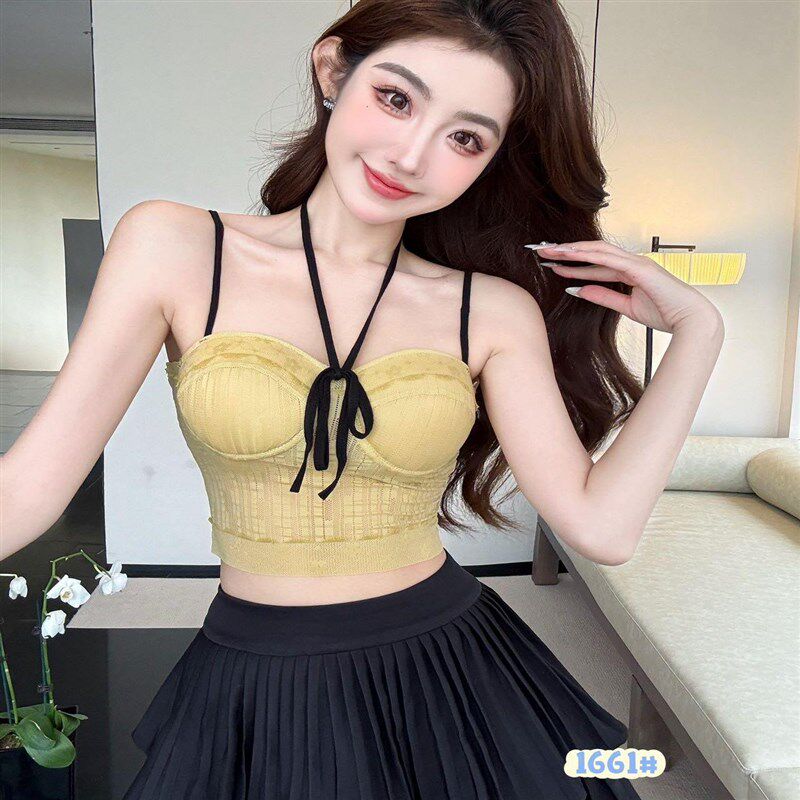 新品性感纯欲少女蝴蝶结挂脖w一体式吊带背心女夏季带胸垫短款修