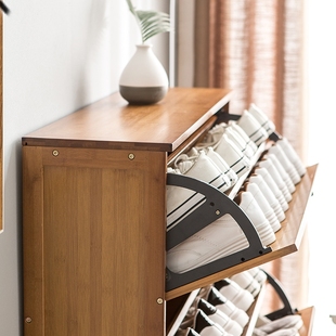 极速多层楠竹鞋架超薄大容量防A尘实木鞋柜简约现代玄关翻斗门厅