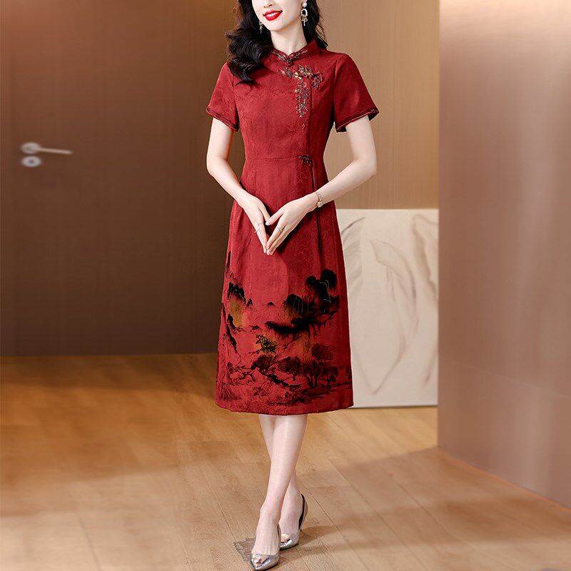 新品喜婆婆香云纱连衣裙女2025新款妈妈气N质礼服真丝改良旗袍日