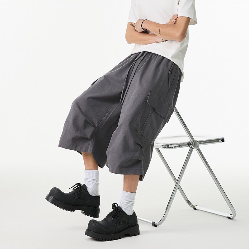 复古褶皱大口袋工装裤男夏季薄款伞兵裤美式潮牌直筒过膝七分裤子