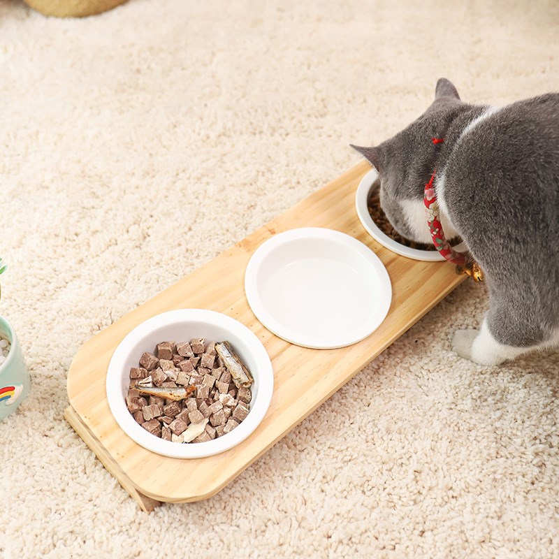 厂家松木陶瓷碗可拆卸单碗双碗易清洗简约喂食碗盆猫狗适用