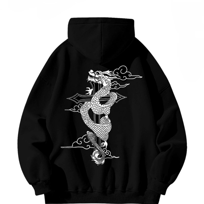 国潮牌本命年龙十字架纯棉连帽卫衣男女秋冬季学院风宽松加绒外套