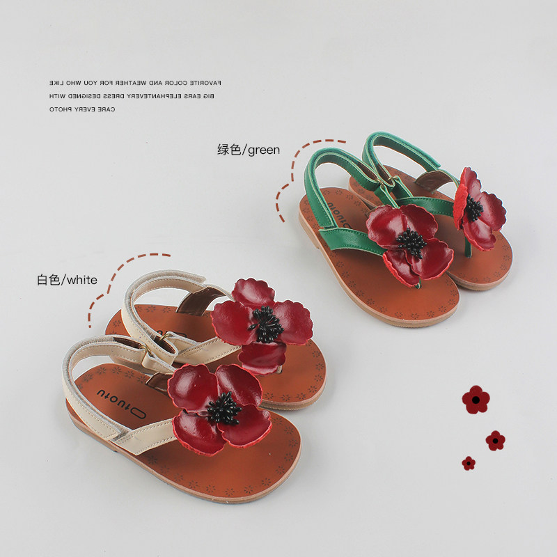 女童夏季立体花朵夹趾真皮凉鞋2023年夏季新款复古小众儿童鞋子