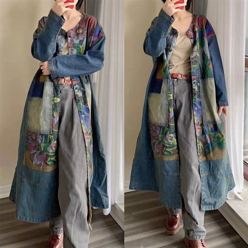 2024秋冬新款文艺个性印花洗水磨白做旧蓝色牛仔中长款外套风衣女,女装/女士精品,风衣,淘宝优惠券,粉丝福利购,淘宝优惠卷