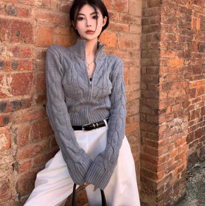 美式复古高领麻花毛衣开衫外套女秋冬设计感双拉链短款针织上衣厚