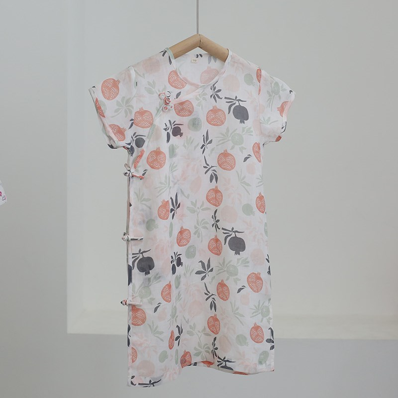 23款外婆家自制女童夏季薄款石榴印花轻透苎麻旗袍连衣裙复古国风