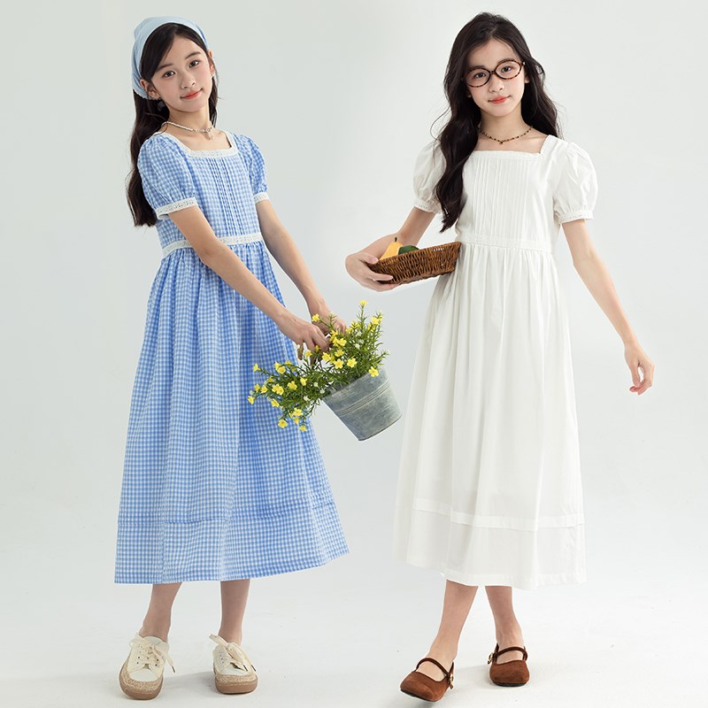 大女童连衣裙夏季高级感长款大童女孩洋气法式方领白色公主长裙子