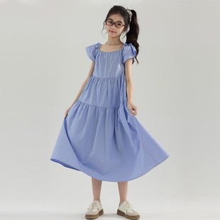 女童连衣裙夏季海边沙滩蓝色蛋糕裙大童女孩气质法式小飞袖长裙子